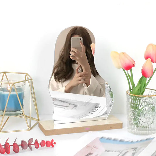 Korean Style Irregular Acrylic Makeup Mirror with Wooden Base